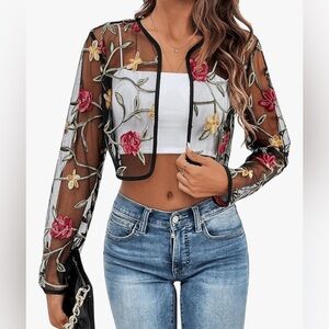 Black Floral Embroidered Sheer cardigan Jacket